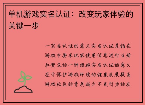 单机游戏实名认证：改变玩家体验的关键一步